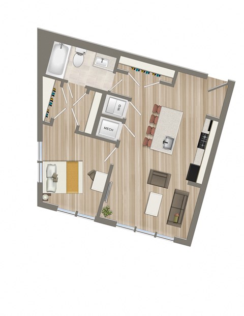 Floor plan for 1 bed, 1 bath, 583 sqft